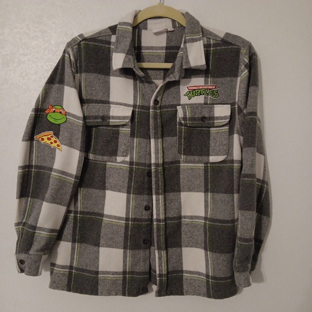 Nickelodeon Boys Flannel Shacket Sz. XL Grey/White/Green Ninja Turtles TMNT